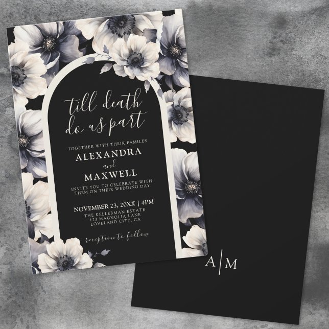 Convite Até a morte nos separamos de casamentos florais ne (Till Death Do Us Part Elegant Black Floral Wedding Invitation)
