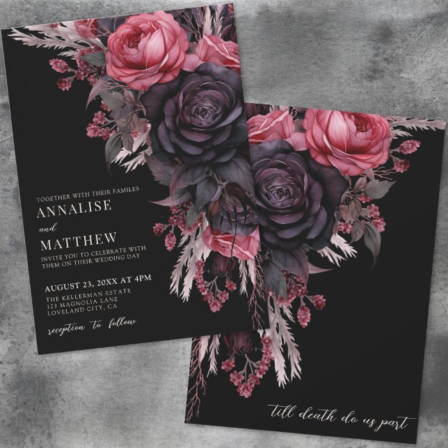 Convite Até a morte nos separe de casamentos flóricos negr (Till Death Do Us Part Gothic Black Floral Wedding Invitation)