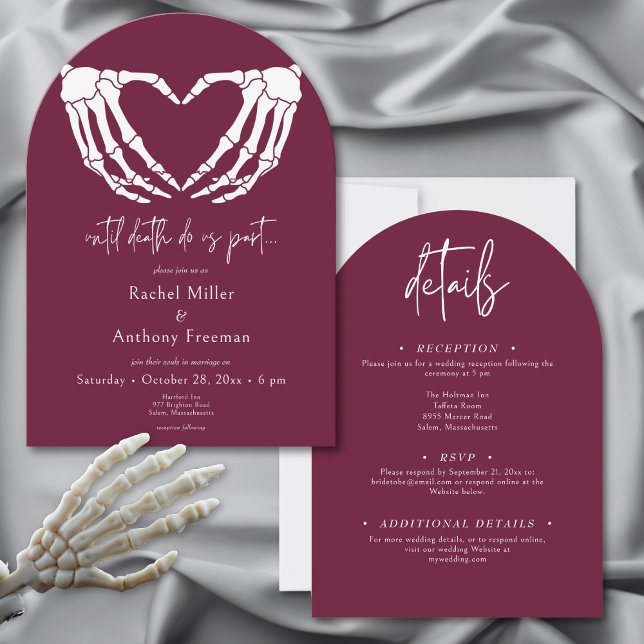 Convite Até Morte, Esqueleto Arranja Mãos Dois Lados (Until Death Skeleton Hands Arch Wedding Two Sided Invitation)