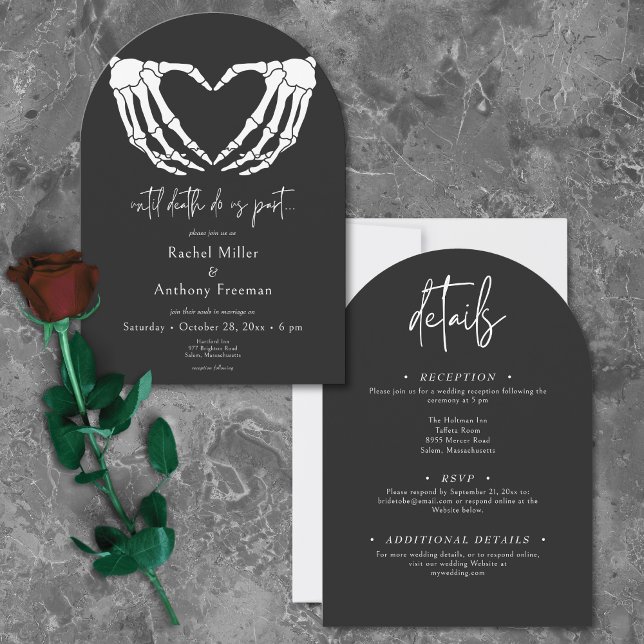 Convite Até Morte, Esqueleto Arranja Mãos Dois Lados (Until Death Skeleton Hands Arch Wedding Two Sided Invitation)