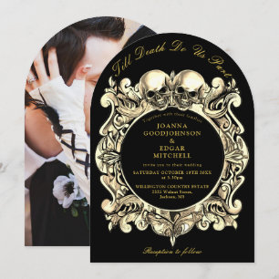 Convite Até que a Morte Casamento Foto Preto e Dourado Gót