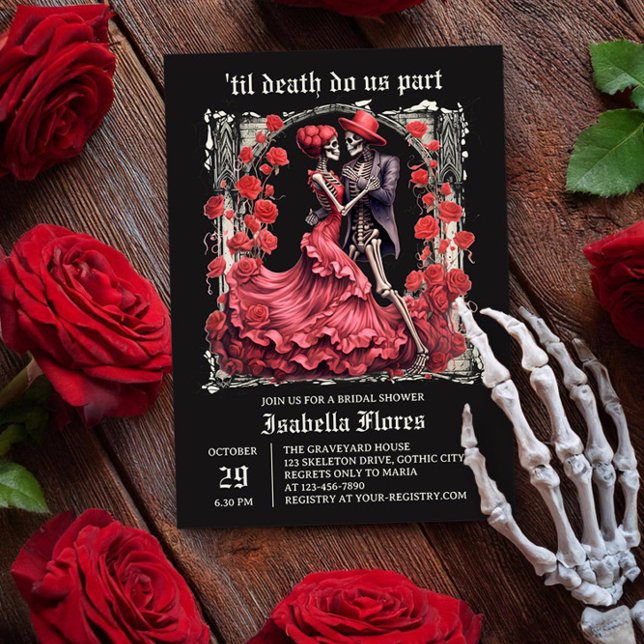 Convite Até que a Morte nos Separe Casal de Esqueleto Chuv (Til Death Do Us Part romantic skeleton couple Bridal Shower Invitation by Darling & May)