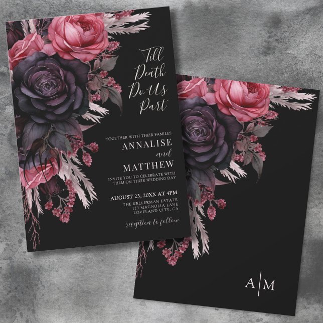 Convite Até que a Morte nos Separe Casamento Gótico Floral (Elegant Gothic Floral Black Wedding Invitation)