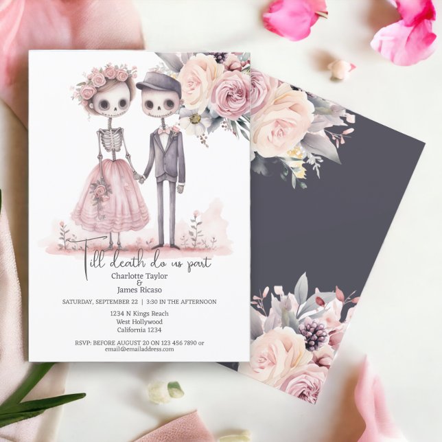 Convite Até que a morte nos separe da Noiva e do Groom (Till death do us part Bride and Groom Invitations from Ricaso. Cute skeleton couple with flowers)