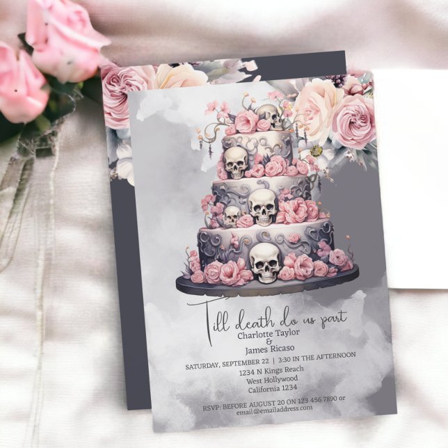 Convite Até que a morte nos separe do bolo de casamento (Till death do us part skull wedding cake invitations from Ricaso. Perfect for a unique gothic couple)