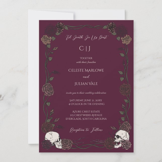 Convite Até que a Morte Rosas Góticas Casamento Borgonha (Frente)