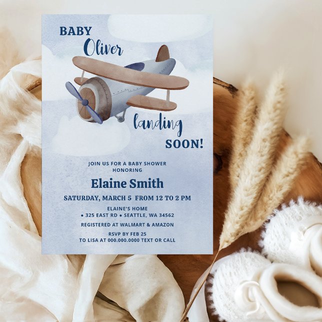 Convite Aterrissando - Chá de fraldas de avião Blue Boy (Landing Soon Blue Boy Airplane Baby Shower Invitation)