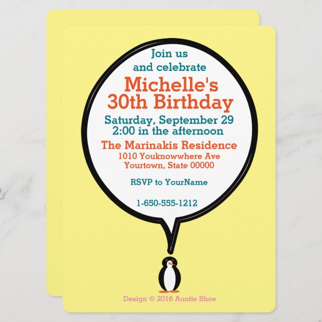 Convite Aterro de Aniversário Falando Sra. Penguin Persona (Frente/Verso)