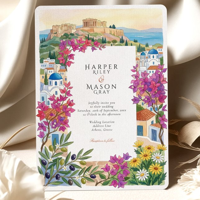 Convite Athens Greece Acropolis Bougainvillea Wedding (Criador carregado)