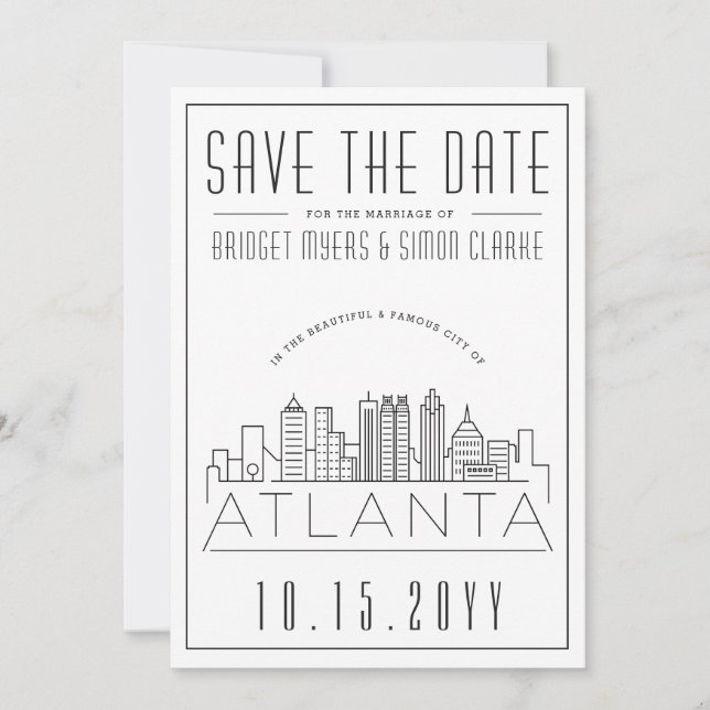 Convite Atlanta Wedding | Skyline Estilizado Salvar a Data (Frente)