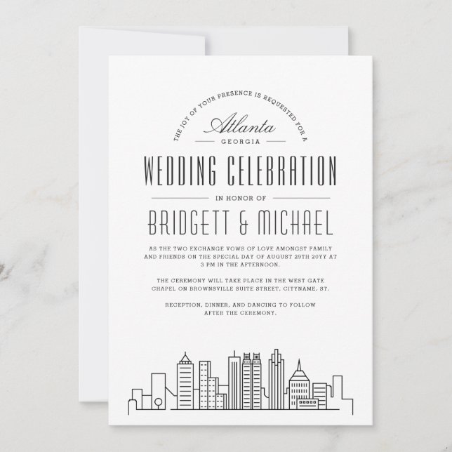 Convite Atlanta Wedding | Skyline Moderno Deco (Frente)