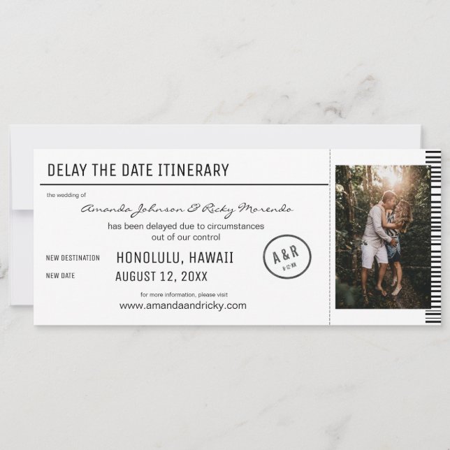 Convite Atrasar a data de destino preto e branco da foto (Frente)