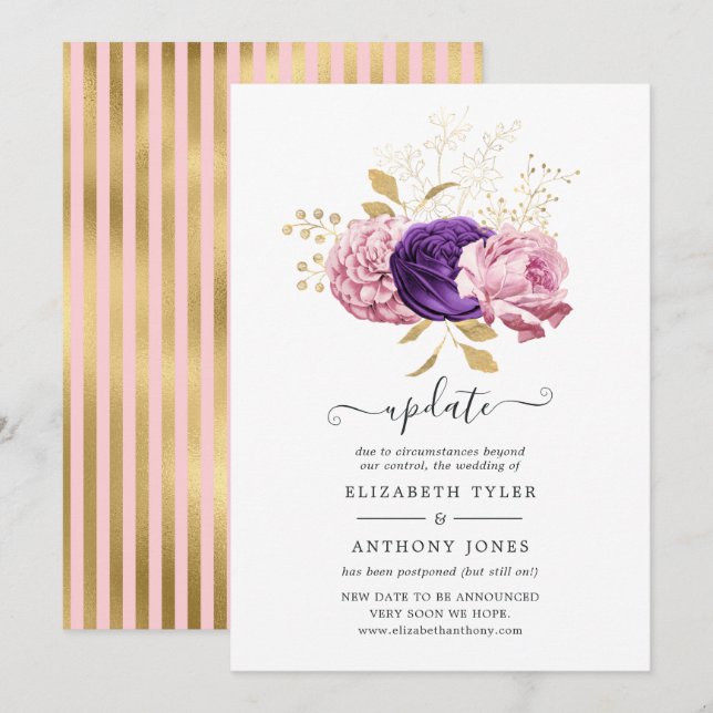 Convite Atualização de casamento adiado com flores rosa e  (Frente/Verso)