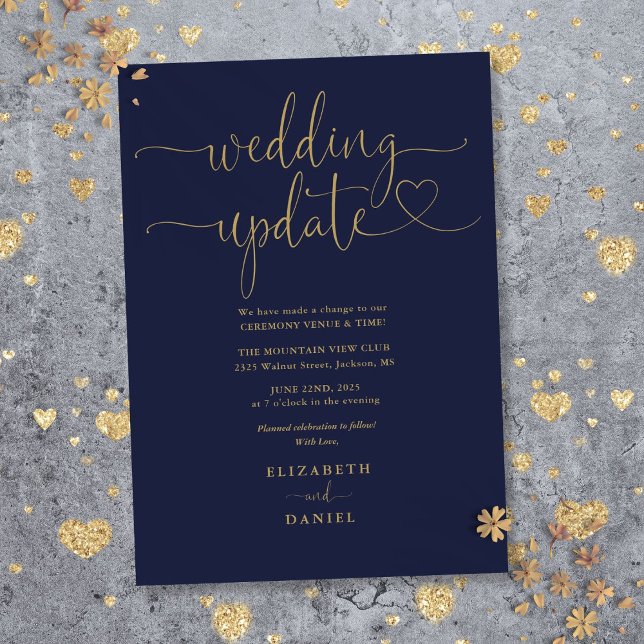 Convite Atualização de casamento com coração em azul marin (Navy Blue And Gold Heart Script Wedding Update Invitation)