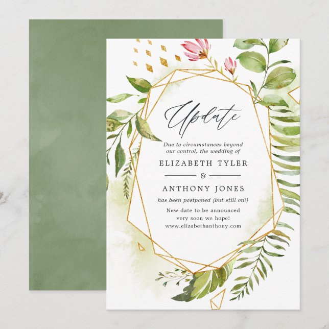 Convite Atualização de casamento com greenery e cristal ge (Frente/Verso)