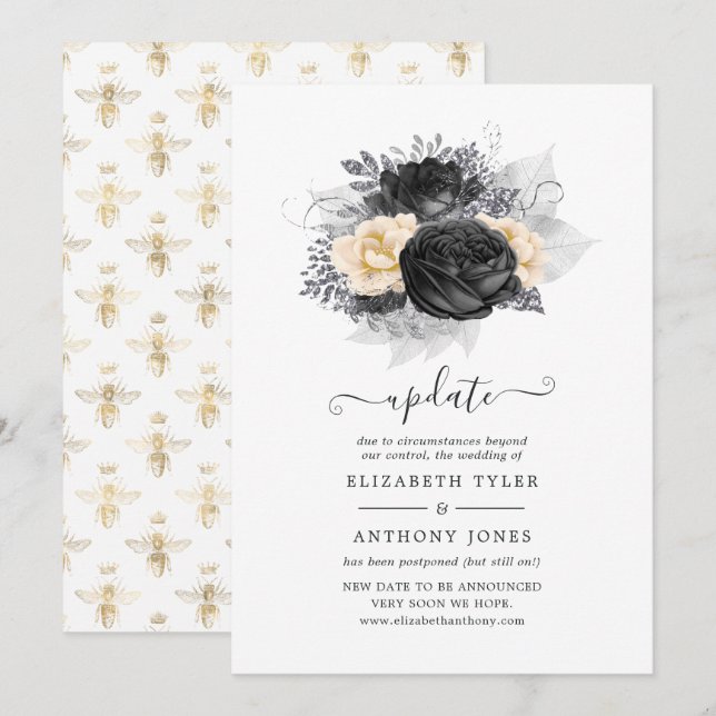 Convite Atualização de casamento de flores pretas e dourad (Frente/Verso)