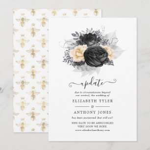 Convite Atualização de casamento de flores pretas e dourad
