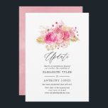 Convite Atualização de casamento de Rosas rosa e Dourados<br><div class="desc">Rosas cor-de-rosa e folhagem tropical dourada adiaram o convite para o casamento.</div>