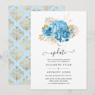 Convite Atualização de casamento floral azul pastel e dour