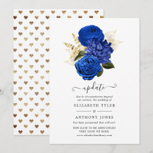 Convite Atualização de casamento floral azul real e dourad