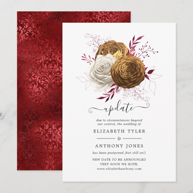 Convite Atualização de casamento floral branco, Borgonha e (Frente/Verso)