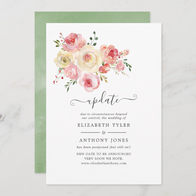 Convite Atualização de Casamento Floral de Pastel Blush e  (Frente/Verso)
