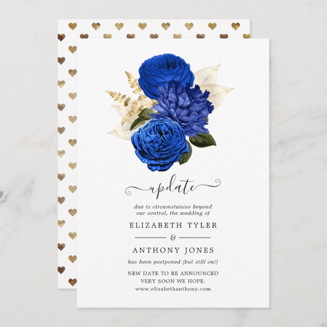 Convite Atualização de Casamento Floral Dourado Real Azul  (Frente/Verso)