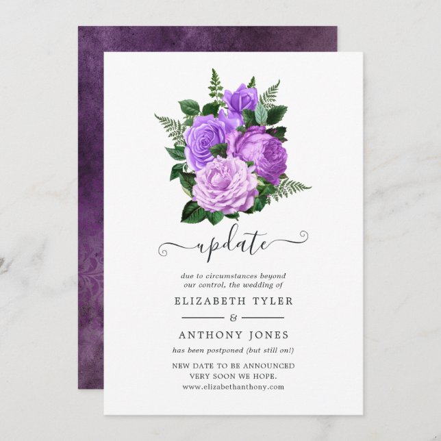 Convite Atualização de Casamento Floral em Roxo e Verde (Frente/Verso)