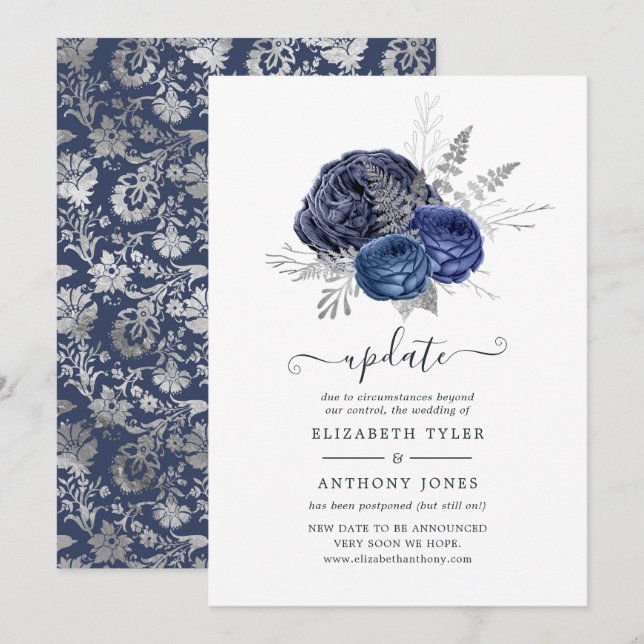 Convite Atualização de casamento floral naval e prateado (Frente/Verso)