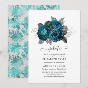 Convite Atualização de casamento floral turquesa, preto e 