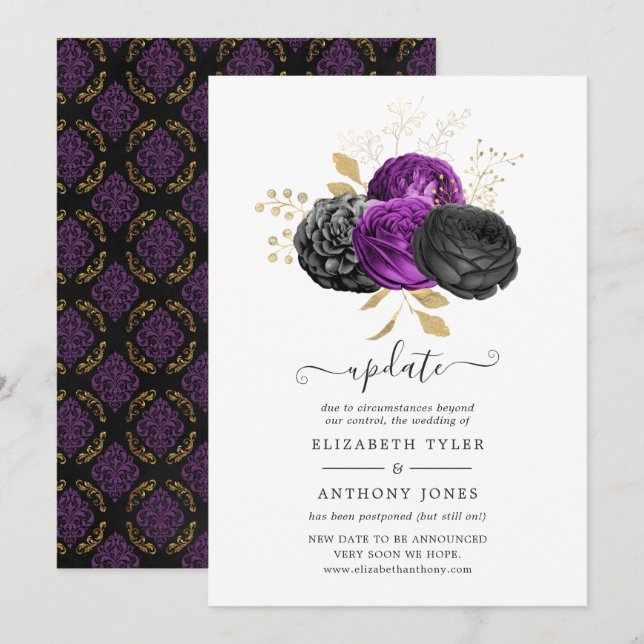 Convite Atualização de casamento gótico floral preto roxo  (Frente/Verso)