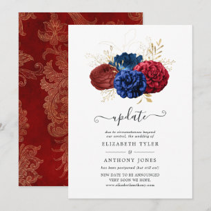 Convite Atualização do Casamento Floral Azul Marinho, Verm