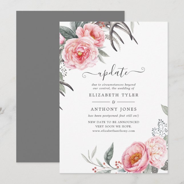 Convite Atualização do Casamento Floral Boho Rosa Pastel e (Frente/Verso)