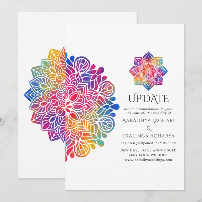 Convite Atualização do Casamento Indiano Mandala Arco-íris (Frente/Verso)