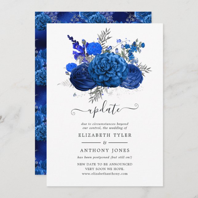 Convite Atualização Real de Casamento Floral de Azul e Pra (Frente/Verso)