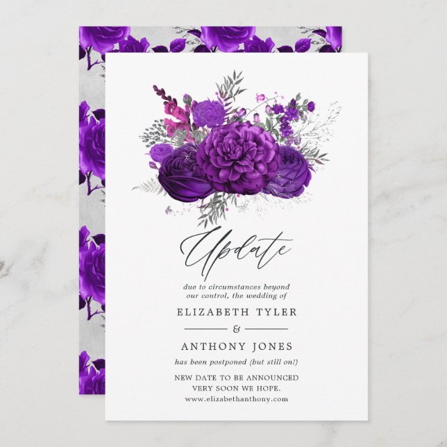 Convite Atualização Real do Casamento Floral de Roxo e Pra (Frente/Verso)