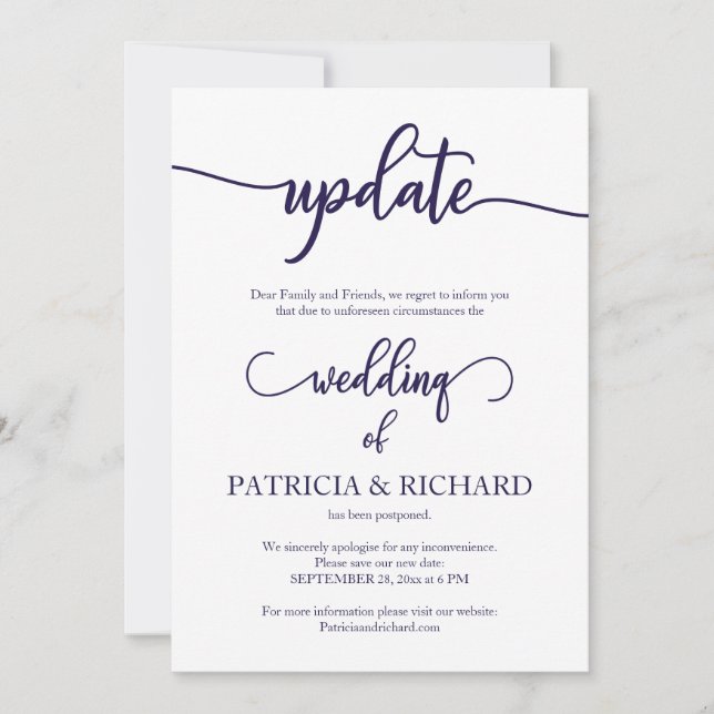 Convite Atualizar Casamento Adiado Script Azul Marinho (Frente)