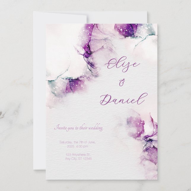 Convite Aubergine Alcohol Ink Floral Wedding Invitation (Frente)
