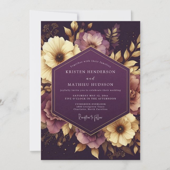 Convite Aubergine Baroque Bloom Wedding (Frente)