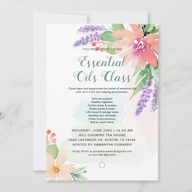 Convite Aula de óleos essenciais florais aquarela de prima (Frente)