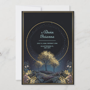 Convite Auréola Dourada Brilhante Casamento na Floresta da