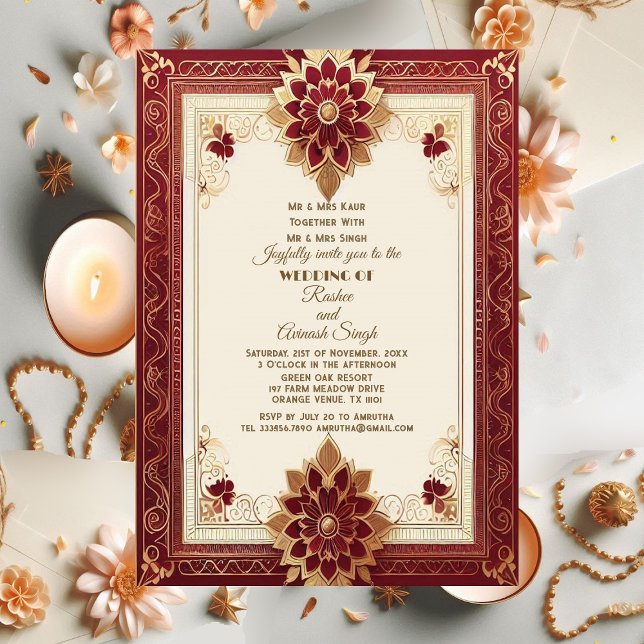 Convite Auspicious Gold Ornate Floral Maroon Grand Indian (Auspicious Gold Ornate Floral Maroon Grand Indian Invitation)
