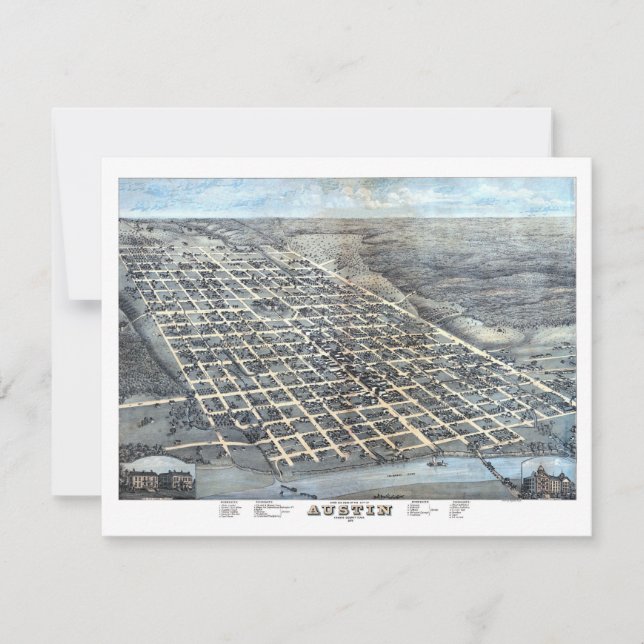 Convite Austin, Texas Antique Aerial City Map de 1873 (Frente)