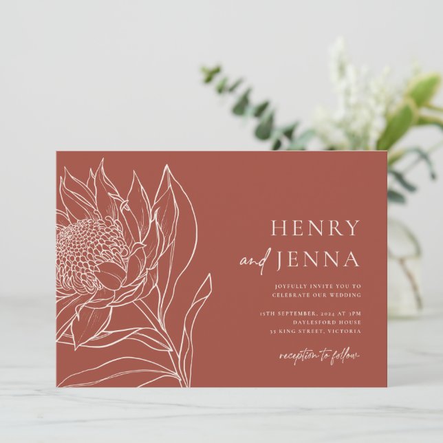 Convite Australiano Nativo Botânico Waratah Protea (Em pé/Frente)