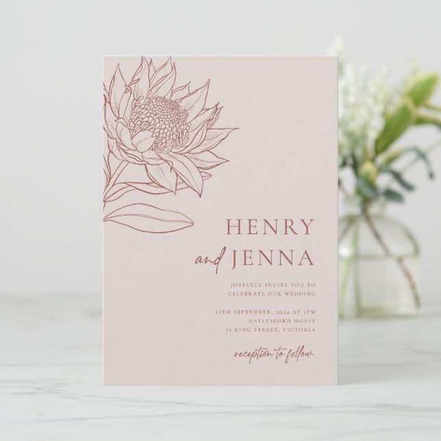 Convite Australiano Nativo Botânico Waratah Protea (Em pé/Frente)