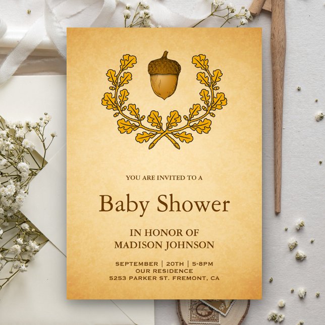 Convite Autumn Acorn Oak Leaves Wreath Chá de fraldas (Criador carregado)