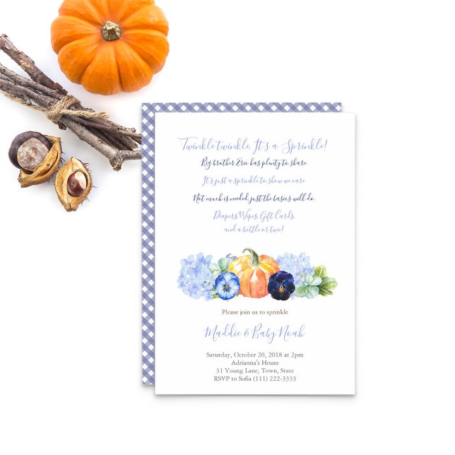 Convite Autumn Baby Sprinkle for Boy, Pumpkin blue florals (Country blue floral pumpkin Baby Sprinkle Party for boy invitation)