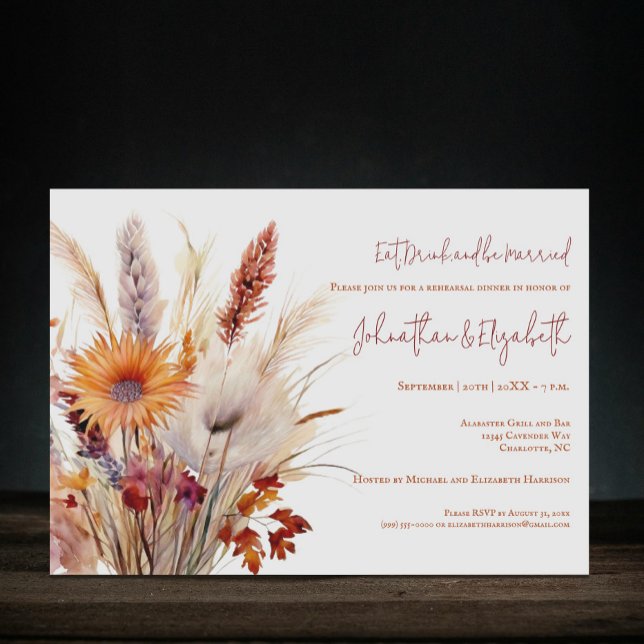 Convite Autumn Boho Floral | Janto de ensaio branco (Autumn Boho Floral White Wedding Rehearsal Dinner Invitation)