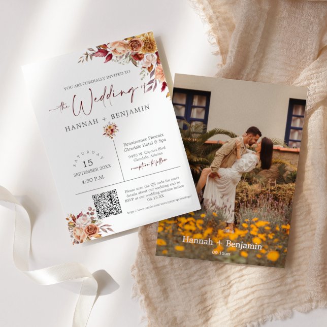 Convite Autumn Boho Wedding Modern Minimo Código QR Foto (Criador carregado)