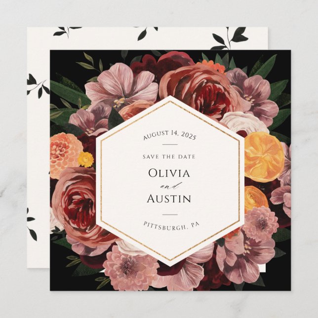 Convite Autumn Burgundy Floral Salvar a Data (Frente/Verso)